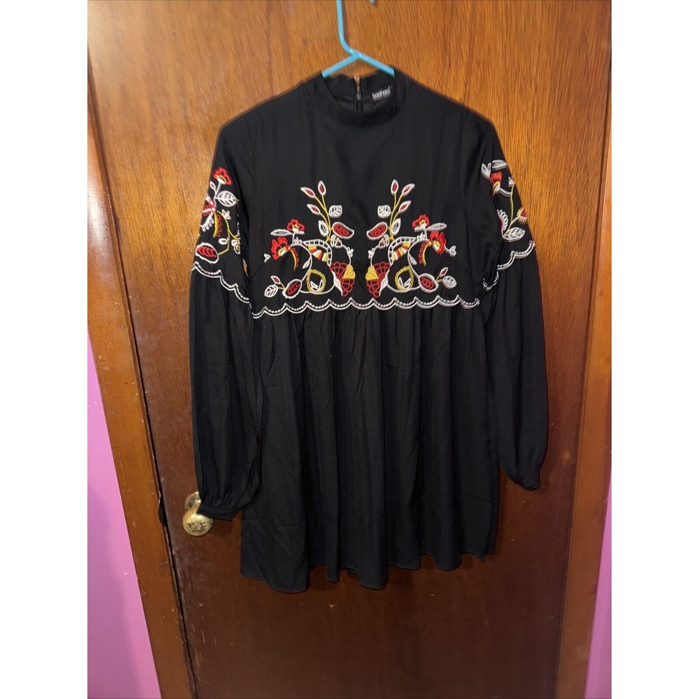 Boohoo P Womens Black Floral Long Sleeve Flowy Dress Size 1